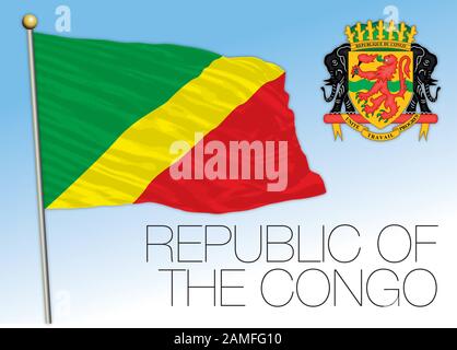 Republic of Congo official national flag and coat of arms, african country, vector illustration Stock Vector