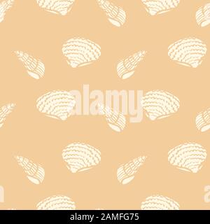 seamless vector pattern with white shells silhouettes on a sand colored background Stock Vector