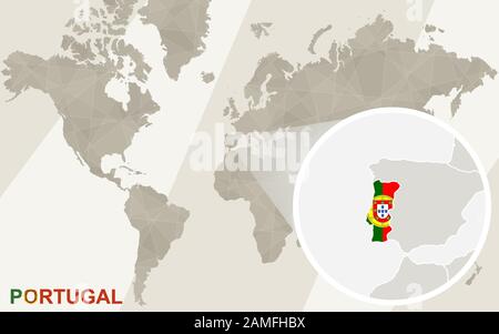 Zoom on Portugal Map and Flag. World Map. Stock Vector