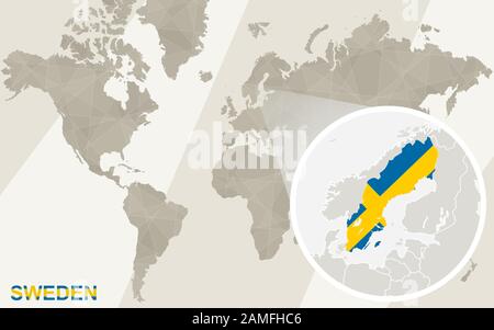 Zoom on Sweden Map and Flag. World Map. Stock Vector