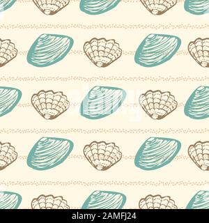 clams and oysters seamless vector striped pattern in calming light colors Stock Vector