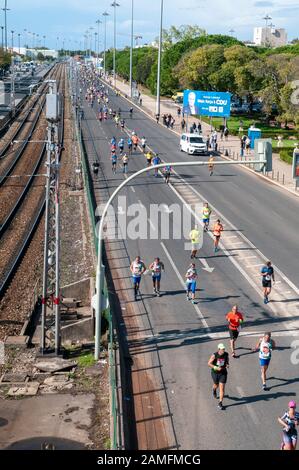 On Sunday, October 20th 2019 thousands of runners participated in the annual Lisbon marathon. Photographed in Belem, Lisbon, Portugal Stock Photo