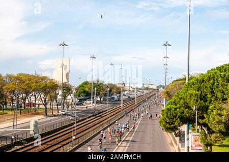 On Sunday, October 20th 2019 thousands of runners participated in the annual Lisbon marathon. Photographed in Belem, Lisbon, Portugal Stock Photo