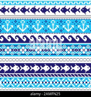 Scottish Fair Isle style traditional knitwear vector seamless pattern, marine style design with anchors, fish, and sea or ocean waves Stock Vector