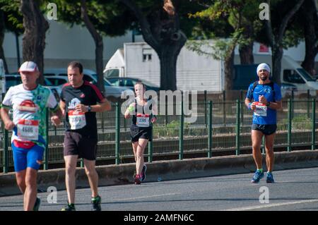 On Sunday, October 20th 2019 thousands of runners participated in the annual Lisbon marathon. Photographed in Belem, Lisbon, Portugal Stock Photo