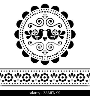 Scandinavian folk vector design pattern set - round and seamless design, cute floral ornament with birds in black on white background Stock Vector