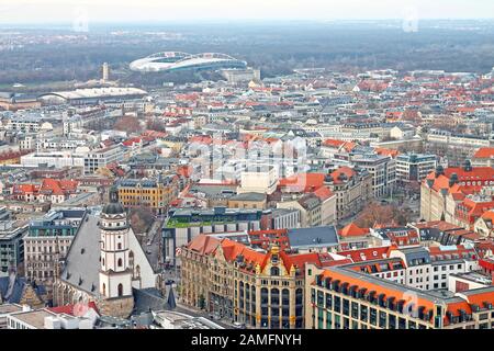 Aerial view of the history center city of Leipzig with St. Thomas's Church (Thomaskirche), Commerzbank and central stadium. Germany. Stock Photo