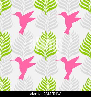 Tropical leaves and hummingbird seamless pattern. Vector illustration. Stock Vector