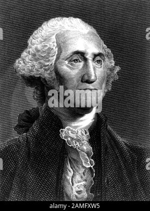 Vintage portrait of George Washington (1732 - 1799) – Commander of the Continental Army in the American Revolutionary War / War of Independence (1775 – 1783) and the first US President (1789 - 1797). Undated print from an engraving by S Topham after a painting by artist Gilbert Stuart (1755 – 1828). Stock Photo