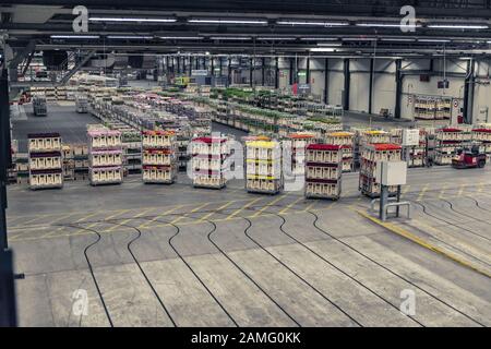 AALSMEER, THE NETHERLANDS - APRIL 15 Flowers being prepped for auction, FloraHolland, 2015,  Aalsmeer Flower Auction is the largest flower auction in Stock Photo