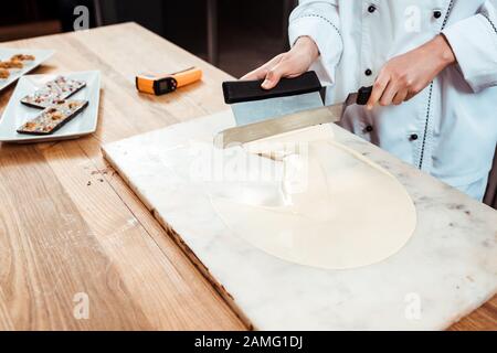 Cropped View Chocolatier Holding Cooking Thermometer Bowl Melted