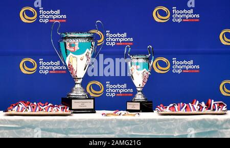 Ostrava, Czech Republic. 12th Jan, 2020. The trophies and medals for winners of the IFF Floorball Champions Cup 2020 are presented prior to the women's final match between Taby FC (Sweden) and Kloten-Dietlikon Jets (Switzerland), on January 12, 2020, in Ostrava, Czech Republic. Credit: Jaroslav Ozana/CTK Photo/Alamy Live News Stock Photo