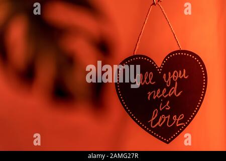Heart with hand drawn sign and shadow of monstera leaf in red color Stock Photo