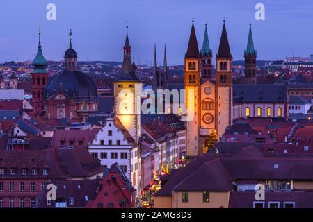 Aerial night view of Old Town with cathedral and city hall in Wurzburg, part of the Romantic Road, Franconia, Bavaria, Germany Stock Photo