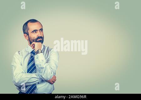 Thoughtful bearded man looking away thinking about business. Serious gentleman with blue tie, white shirt, looking to side, hand near chin deciding so Stock Photo
