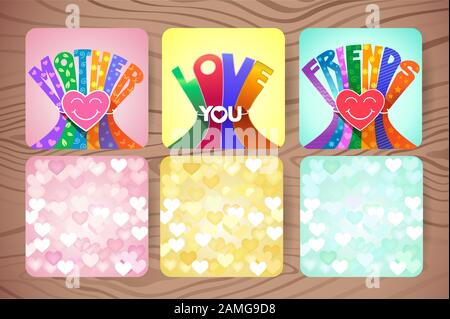 Set of three Valentines Day designs in a flat style. Romantic greeting card, invitation, design greeting card. Stock Vector
