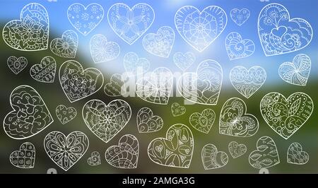 Set of artistically hand drawn hearts.  Background for traveling, Valentines day. Pattern for animation. Vector, doodle, zentangle, Stock Vector