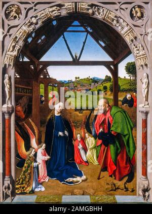 Petrus Christus, The Nativity, oil on panel painting, circa 1450 Stock Photo