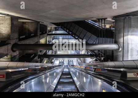 Escalators inside Westminster tube station, London, England, UK. Stock Photo