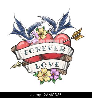 Two Hearts Pierced By Arrow with hand made Lettering Together Forever. Tattoo Hearts With Flower And Flying Swallow. Vector illustration. Stock Vector