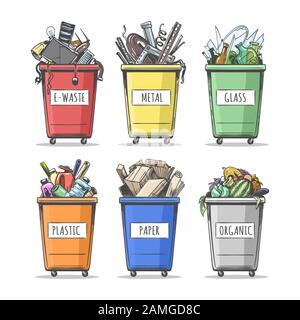 Set of colorful doodle waste separation containers. Collection of hand drawn garbage Trash Can isolated on white background. Vector illustration. Stock Vector