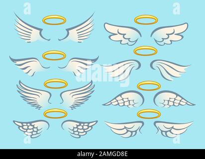 Flying angel wings with gold nimbus. Angelic wing cartoon set. Vector Illustration Stock Vector