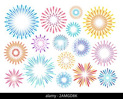 Set of colorful festive fireworks on a white background. Vector illustration Stock Vector