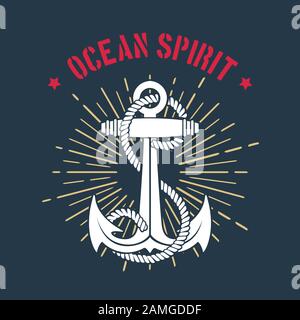 Nautical Emblem of Anchor and ropes classic retro template with wording Ocean Spirit. Vector illustration. Stock Vector