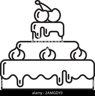 Chocolate cake with cream and cherries on top outline icon. Sweet food vector symbol. Stock Vector