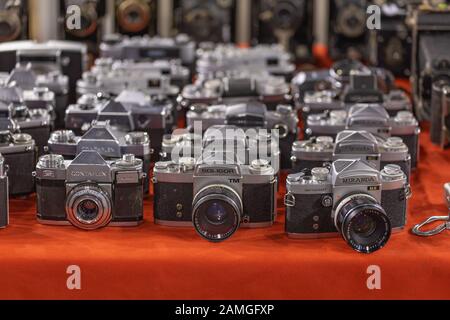 Arnhem, Netherlands, January 2020: Collection of old vintage photo camera's from Soligar, Contaflax and Miranda