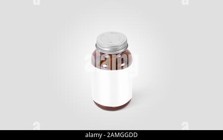 Blank amber glass pill can with white label mock up Stock Photo