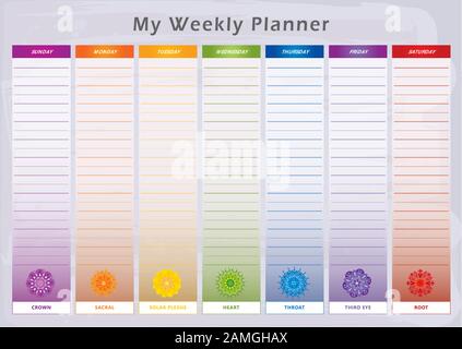 Weekly Planner with 7 Days and corresponding Chakras in Rainbow Colors - English Language Stock Vector