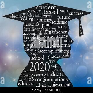 graduation 2020 boy silhouette with cap and tassel on blue bokeh starry background Stock Photo
