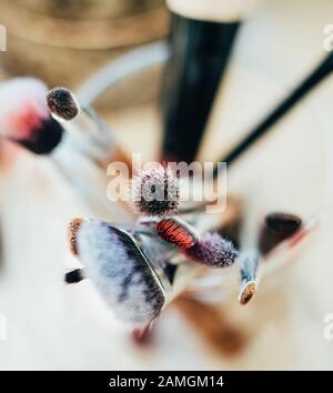 Many different makeup brushes in artist's studio Stock Photo