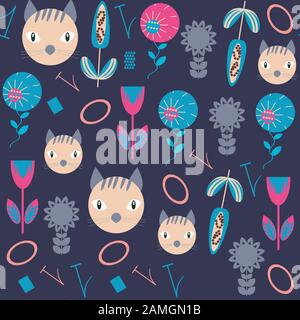 Cats seamless pattern in vector. It is located in swatch menu. Colorful image for surface design. Stock Vector