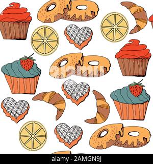 Bakery seamless pattern in vector. It is located in swatch menu. Isolated on white. Pattern with croissant, cupcakes, donuts, cookies and lemon Stock Vector