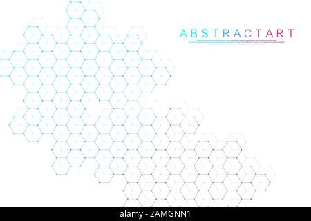 Abstract hexagonal boxes background. Molecular structure with hexagons lines and dots. Medical banner template design. Science and technology concept Stock Vector