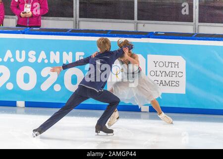 Lausanne, Switzerland. 13th Jan, 2020. Lausanne, Switzerland - 2020/01/13: Yulia Lebeva-Bitadze and Mikhail Kaygorotdsev of Georgia perform during the ice dance competition (free program) for couples at the Lausanne 2020 Youth Olympic Games (Photo by Eric Dubost/Pacific Press) Credit: Pacific Press Agency/Alamy Live News Stock Photo