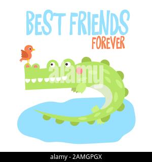 Cute vector illustration of crocodile on tropical river or lake with little bird on his nose with lettering Best Friends Forever. Cartoon safari Stock Vector