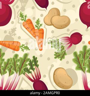 Seamless pattern of vegetables carrot potato and beet flat vector illustration on stylized background. Stock Vector