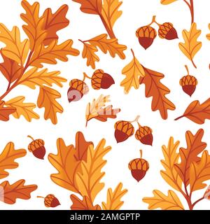 Seamless pattern various oak autumn leaves with acorn flat vector illustration on white background. Stock Vector