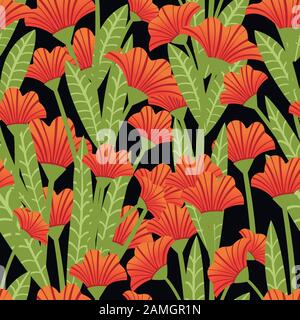 Seamless pattern red poppies plant of red flowers flat vector illustration on dark background. Stock Vector