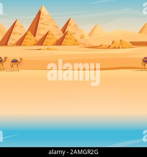 Giza Egyptian Pyramids desert landscape with camels flat vector illustration horizontal image. Stock Vector