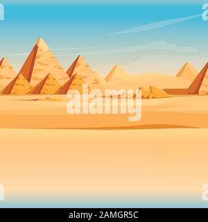 Giza Egyptian Pyramids desert landscape with sky flat vector illustration horizontal banner design. Stock Vector
