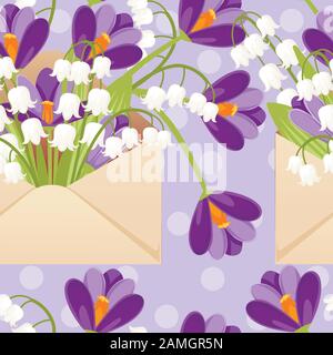 Seamless pattern of open eco friendly paper envelope with spring flowers creative design flat vector illustration on purple dotted background. Stock Vector