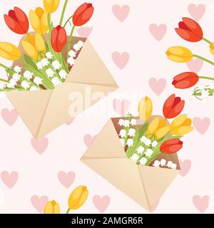 Seamless pattern of open eco friendly paper envelope with spring flowers creative design flat vector illustration on pink background with hearts. Stock Vector