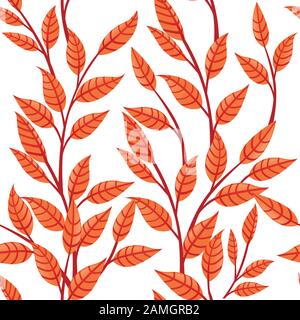 Seamless pattern of orange autumn leaves on branches flat vector illustration on white background. Stock Vector