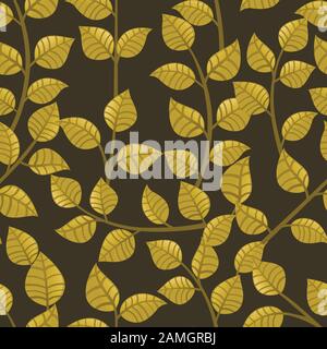 Seamless pattern of green autumn leaves on branches flat vector illustration on dark background Stock Vector