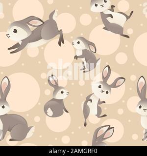 Seamless pattern of cute grey rabbit in various poses cartoon animal design flat vector illustration on beige background with circles. Stock Vector