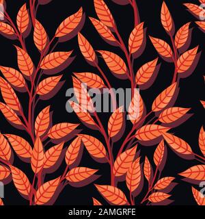 Seamless pattern of orange autumn leaves on branches flat vector illustration on dark background. Stock Vector